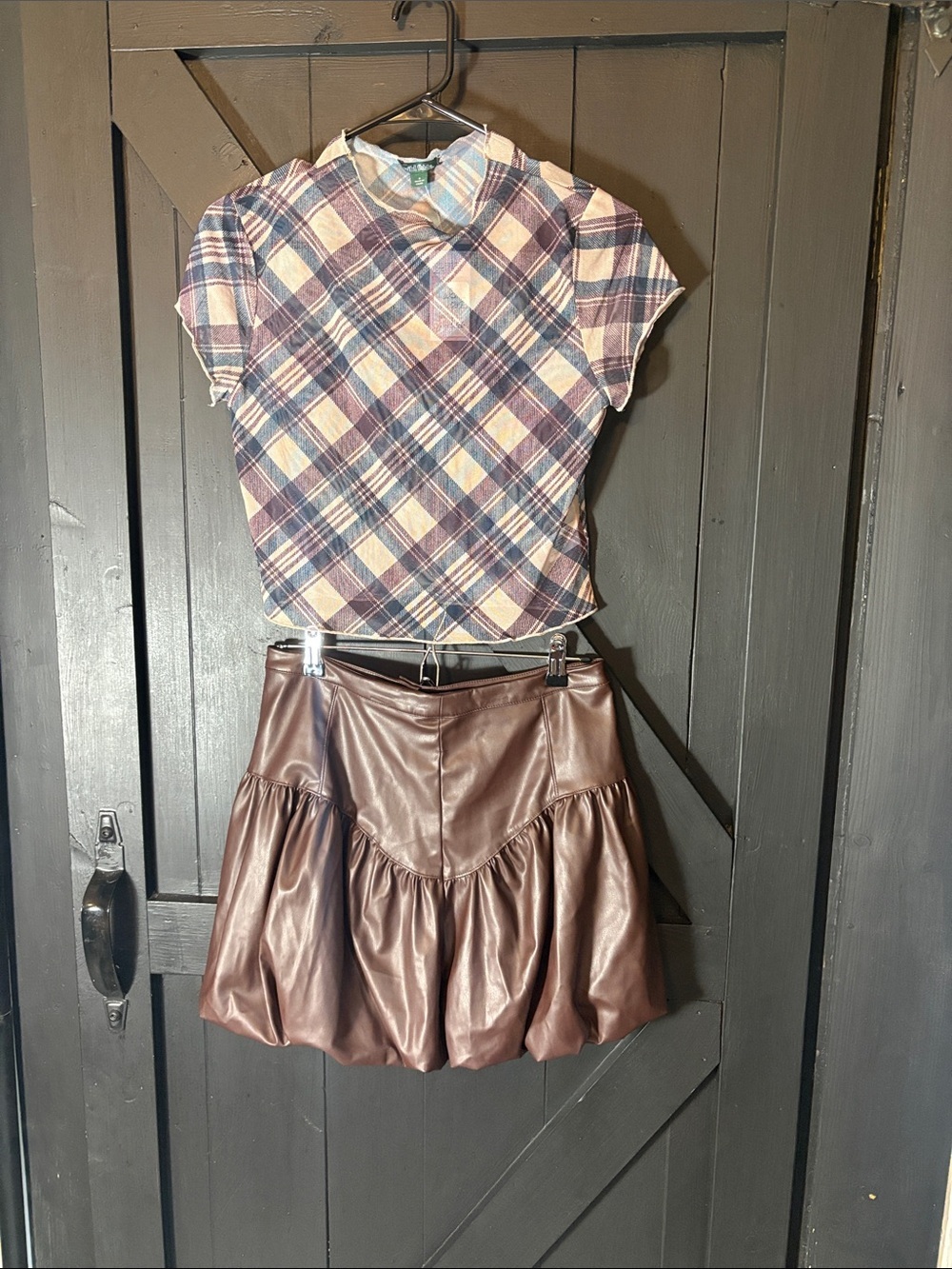 Brown Faux Leather Mini Skirt with Gathered Hem